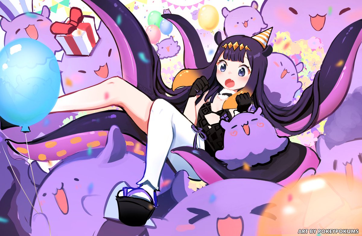 &gt;_&lt; 1girl artist_name balloon bangs black_dress black_gloves blue_eyes bow box clenched_hands dress english_commentary fur_choker gift gloves happy_birthday hat hololive hololive_english long_hair looking_down ninomae_ina'nis open_mouth party_hat platform_footwear pokey purple_hair red_bow single_thighhigh strapless strapless_dress tako_(ninomae_ina'nis) thigh-highs tube_dress watermark