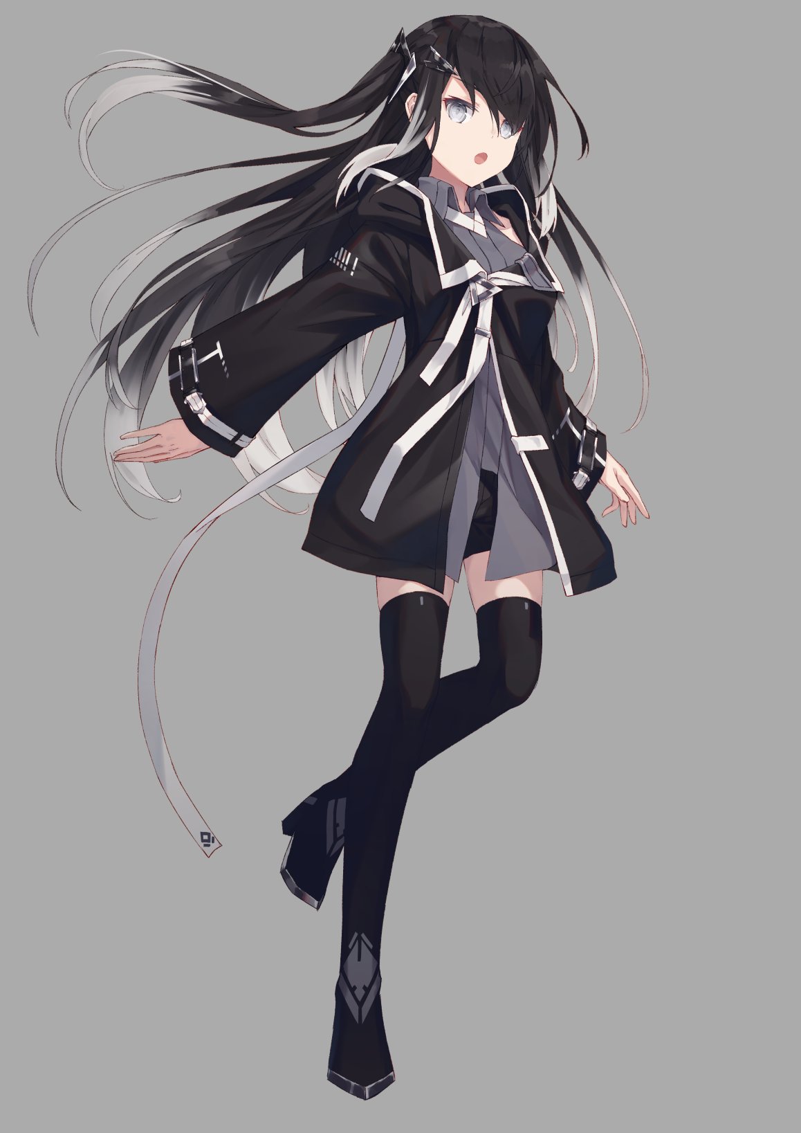 1girl arms_at_sides black_coat black_hair black_legwear black_shorts coat collared_shirt copyright_request floating_hair full_body grey_background grey_eyes grey_shirt highres long_hair long_sleeves looking_at_viewer multicolored_hair nagishiro_mito parted_lips shirt shorts simple_background solo thigh-highs two-tone_hair wing_collar