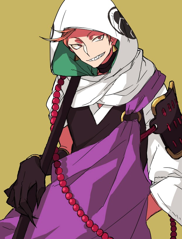 1boy arm_behind_back armor beads black_choker bracelet choker claws earrings grin holding holding_staff hood hood_up iwatooshi jewelry male_focus orange_hair pauldrons red_eyes sharp_teeth shoulder_armor simple_background single_pauldron smile solo staff teeth touken_ranbu yellow_background yuuki_bin