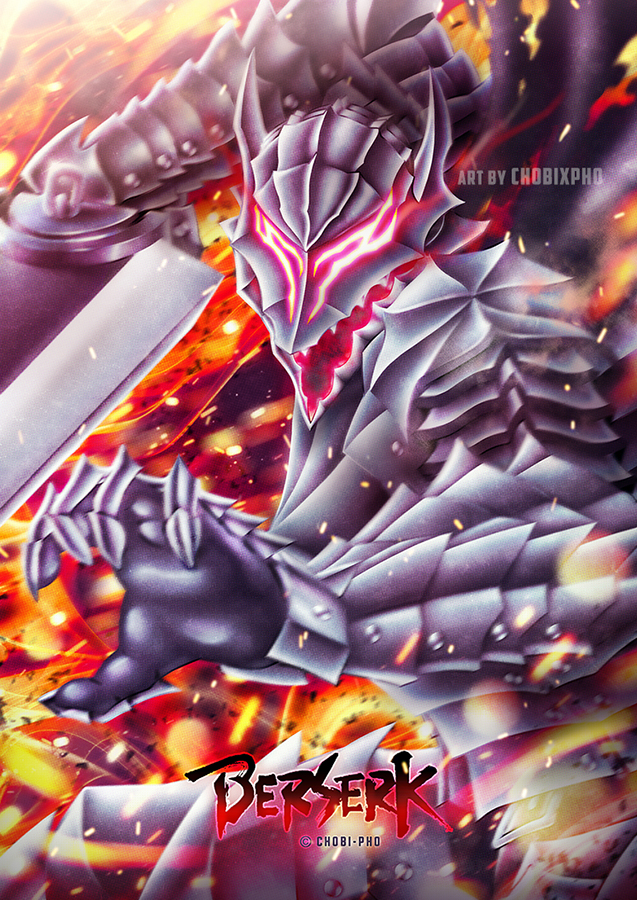 1boy armor artist_name berserk berserker_armor black_cape burning cape copyright_name dragonslayer_(sword) english_text fire glowing glowing_eyes guts_(berserk) huge_weapon male_focus open_mouth red_eyes sword toni_hoang_nguyen torn_cape torn_clothes weapon