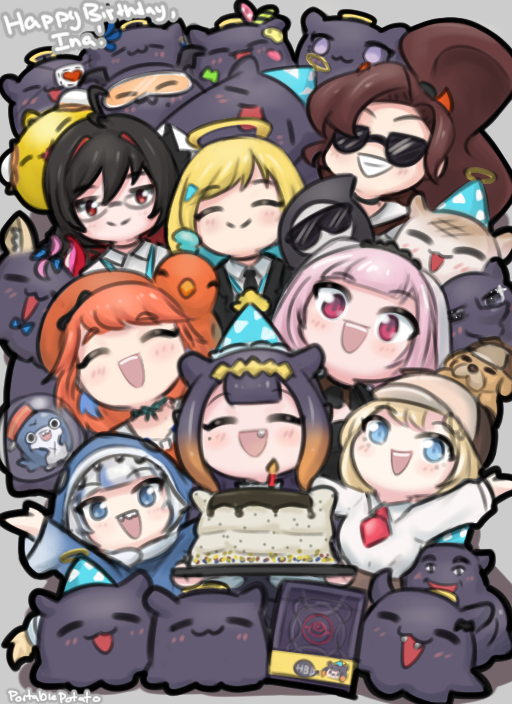 6+girls ^_^ ahoge airani_iofifteen akai_haato animal_hood anya_melfissa ao-chan_(ninomae_ina'nis) black_hair bloop_(gawr_gura) blue_hair book breasts brown_hair bubba_(watson_amelia) cake chibi closed_eyes colored_inner_hair death-sensei_(mori_calliope) deerstalker double_bun earrings english_commentary enma-chan eyebrows_visible_through_hair eyepatch fang feather_earrings feathers food fusion gawr_gura glasses grimace_(mcdonald's) halo happy_birthday hat hololive hololive_english hololive_indonesia holomyth hood horns indie_virtual_youtuber j-chad jenma-chan jewelry kotori_(takanashi_kiara) long_hair mcdonald's medium_breasts meme mole mole_under_eye momosuzu_nene mori_calliope multicolored_hair multiple_girls necktie ninomae_ina'nis omaru_polka one_eye_covered open_mouth party_hat pavolia_reine pink_eyes pochimaru_(vtuber) ponytail portablepotato red_eyes red_neckwear redhead shark_hood short_necktie silver_hair smile streaked_hair sunglasses takanashi_kiara tako_(ninomae_ina'nis) tiara triangle_hair_ornament virtual_youtuber watson_amelia yozora_mel