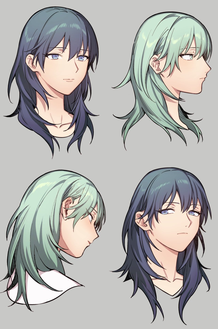 1girl bangs blue_eyes blue_hair blush byleth_(fire_emblem) byleth_eisner_(female) closed_mouth cropped_shoulders eyebrows_visible_through_hair fire_emblem fire_emblem:_three_houses green_eyes green_hair grey_background highres ikarin medium_hair multiple_views parted_lips simple_background