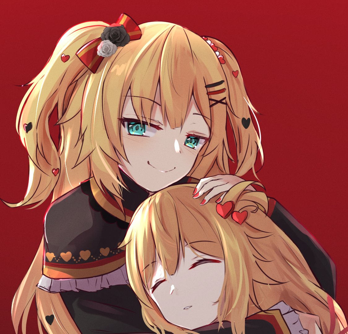 2girls akai_haato bangs blonde_hair blue_eyes blush bow commentary dual_persona hair_bow hair_ornament hairclip hand_on_another's_head heart heart_hair_ornament hololive hug looking_at_viewer multiple_girls nail_polish red_background shuuzo3 simple_background sleeping smile smirk virtual_youtuber