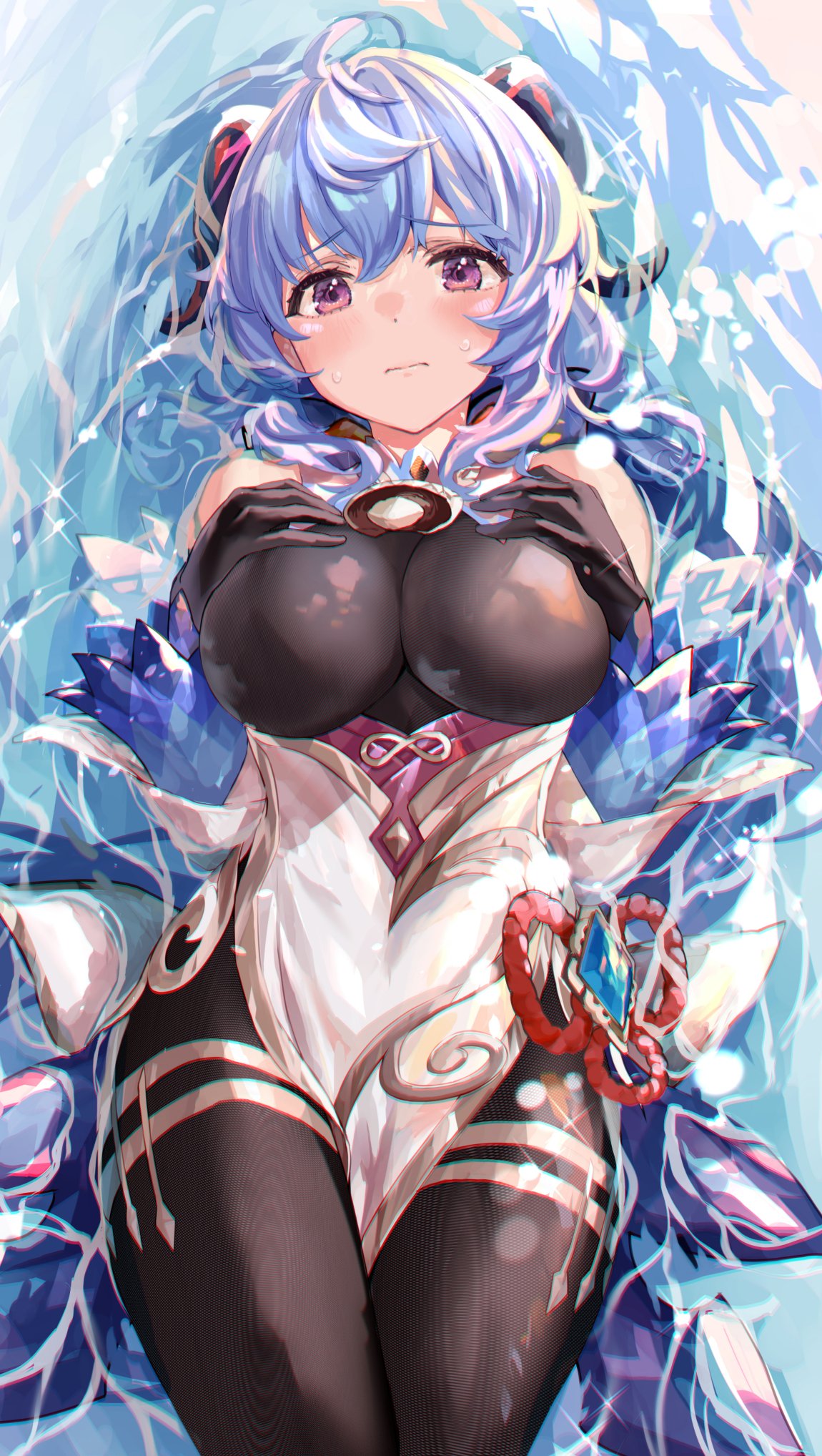 1girl ahoge bare_shoulders bell black_gloves blue_hair bodystocking breasts closed_mouth cowbell detached_sleeves frown ganyu_(genshin_impact) genshin_impact gloves goat_horns gold_trim hands_on_own_breasts hands_up highres horns large_breasts long_hair long_sleeves looking_at_viewer pelvic_curtain solo temir violet_eyes water