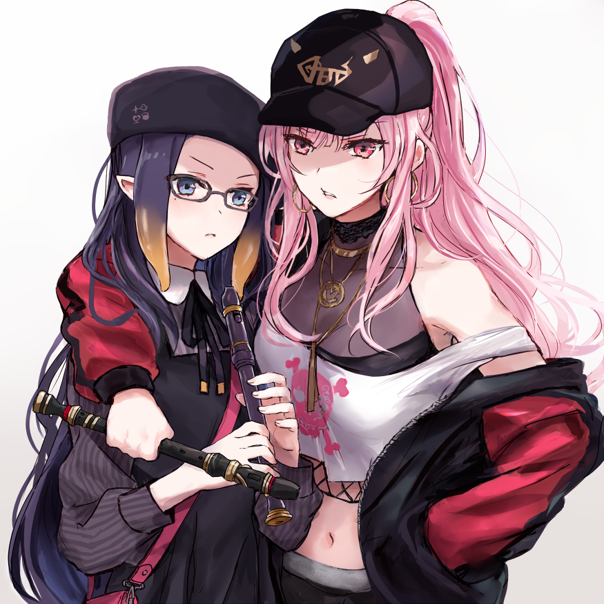 2girls baseball_cap beret crop_top dress glaring glasses hand_in_pocket hat holding holding_instrument hololive hololive_english instrument jacket looking_at_viewer midriff mori_calliope multiple_girls ninomae_ina'nis off_shoulder official_alternate_costume pink_eyes pink_hair ponytail purple_hair recorder simple_background v-shaped_eyebrows virtual_youtuber white_background yuuyu_(777)