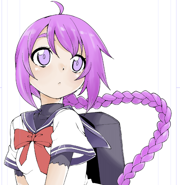 1girl ahoge akitsuki_itsuki backpack bag bow bowtie braid closed_mouth copyright_request purple_hair purple_sailor_collar red_bow red_neckwear sailor_collar school_uniform serafuku shirt short_sleeves single_braid solo upper_body violet_eyes white_shirt