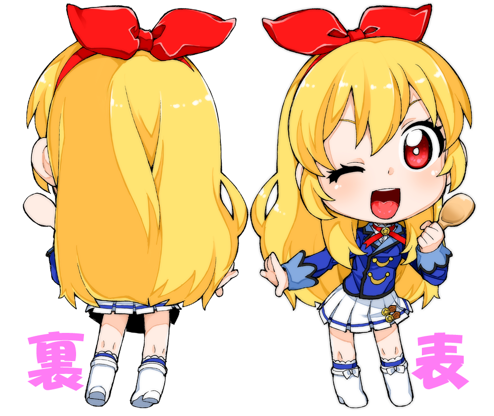1girl :d aikatsu! aikatsu!_(series) akitsuki_itsuki blonde_hair boots bow bow_hairband bright_pupils chibi hair_bow hairband holding holding_spoon hoshimiya_ichigo long_hair looking_at_viewer miniskirt multiple_views one_eye_closed open_mouth pleated_skirt red_bow red_eyes red_hairband simple_background skirt smile spoon very_long_hair white_background white_footwear white_pupils white_skirt wooden_spoon