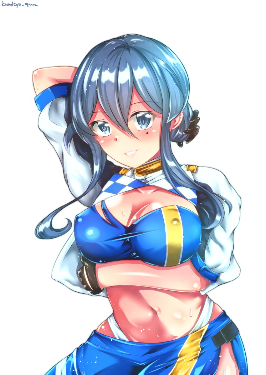1girl black_gloves blue_bandeau blue_eyes blue_hair blue_skirt breasts commentary_request cowboy_shot cropped_jacket gloves gotland_(kancolle) hair_bun half_gloves highleg highleg_panties highres jacket kantai_collection kumichou_(nakasato-gumi) large_breasts long_hair looking_at_viewer midriff mole mole_under_eye one-hour_drawing_challenge panties parted_lips racequeen simple_background skirt smile solo twitter_username underwear white_background white_jacket white_panties