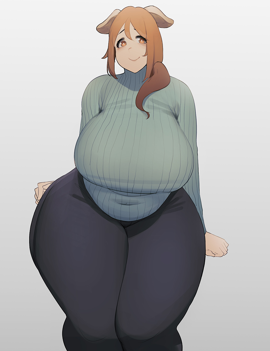 1girl animal_ears belly breasts bright_pupils brown_eyes brown_hair covered_navel cropped_legs curvy elf-san_wa_yaserarenai. female_orc highres huge_breasts long_hair mmmmmkun oku_(elf-san_wa_yaserarenai) orc pants pig_ears plump ribbed_sweater simple_background smile solo sweater thick_thighs thighs white_background wide_hips