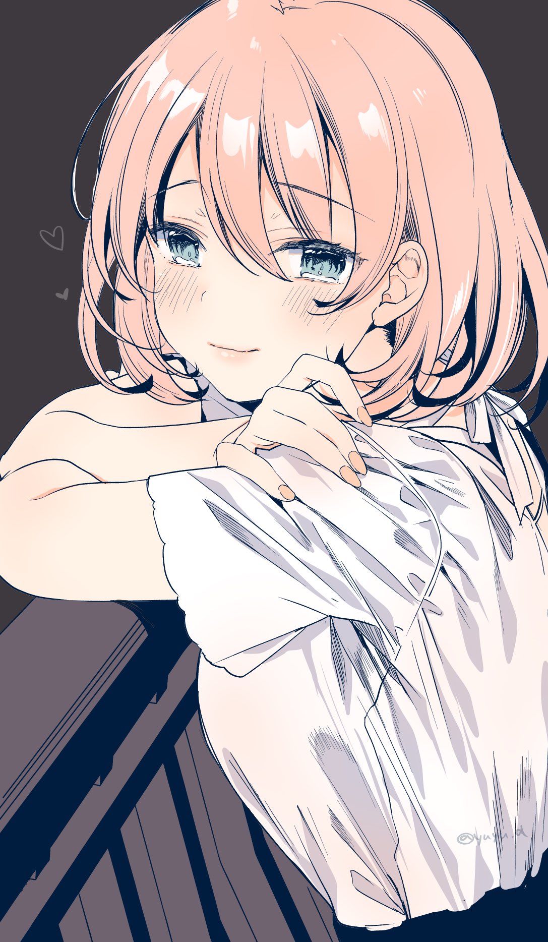 1girl blue_eyes blush brown_background closed_mouth crossed_arms heart highres leaning looking_at_viewer medium_hair nail_polish original pink_hair railing shirt short_sleeves signature simple_background smile solo white_shirt yu_yu