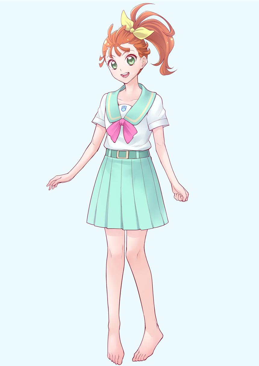 1girl :d aozora_middle_school_uniform bangs barefoot blue_background brown_hair collarbone eyebrows_visible_through_hair full_body green_eyes green_sailor_collar green_skirt hair_ribbon highres natsuumi_manatsu ogry_ching open_mouth pleated_skirt precure ribbon round_teeth sailor_collar school_uniform serafuku shirt side_ponytail simple_background skirt smile solo standing teeth tropical-rouge!_precure upper_teeth white_shirt yellow_ribbon