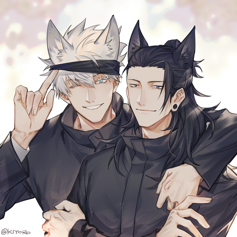 2boys animal_ears arm_around_shoulder bangs black_blindfold black_jacket blindfold blindfold_lift blue_eyes cat_boy cat_ears crossed_arms ear_piercing getou_suguru gojou_satoru hair_between_eyes hair_bun hair_pulled_back hand_up high_collar jacket jujutsu_kaisen kiyoro2 long_sleeves male_focus multiple_boys one_eye_closed parted_lips piercing short_hair smile twitter_username upper_body white_hair