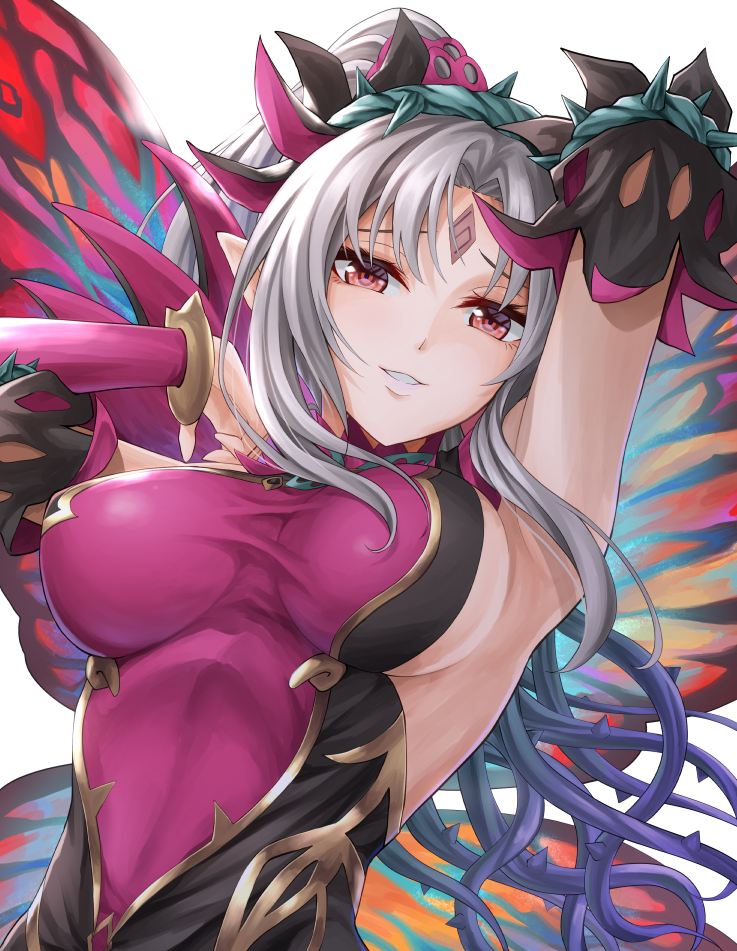 1girl armpits arms_up breasts butterfly_wings covered_navel elf facial_mark fairy_wings fire_emblem fire_emblem_heroes forehead_mark grin large_breasts long_hair looking_at_viewer plant plumeria_(fire_emblem) pointy_ears ponytail red_eyes sideboob silver_hair smile solo ten_(tenchan_man) thorns turtleneck upper_body vines white_background wings