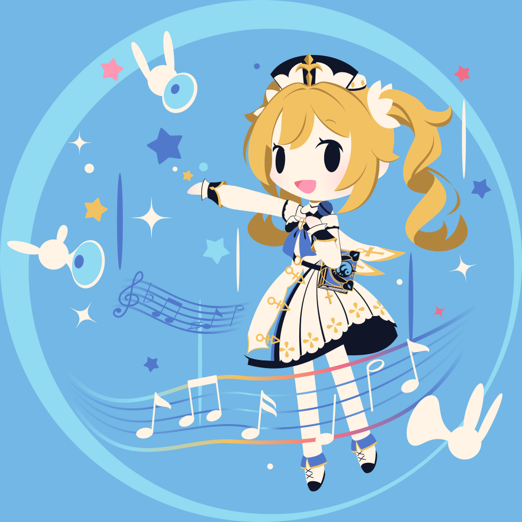 :d barbara_pegg beamed_eighth_notes black_eyes blonde_hair blue_background chibi cobalta detached_sleeves dress eyebrows_visible_through_hair genshin_impact holding holding_microphone latin_cross microphone musical_note open_mouth outstretched_arm sleeveless sleeveless_dress smile star_(symbol) twintails white_dress