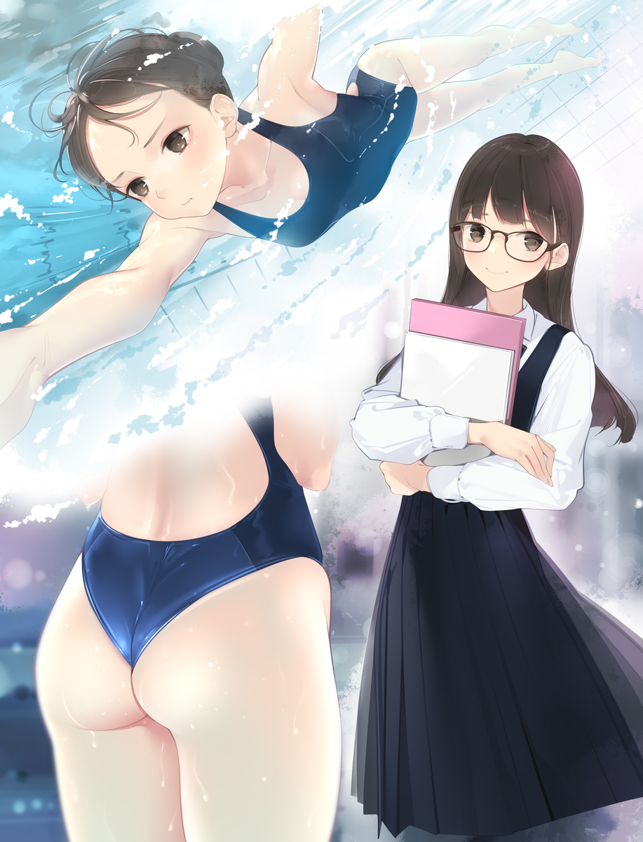 1girl :t air_bubble ama_mitsuki ass barefoot black_dress blue_swimsuit blush brown_eyes brown_hair bubble closed_mouth commentary_request competition_swimsuit dress eyebrows_visible_through_hair hair_bun highres holding holding_breath holding_notepad long_hair long_sleeves notepad one-piece_swimsuit original pleated_skirt pool school_uniform shirt skirt smile standing submerged swimming swimsuit underwater water wet white_shirt