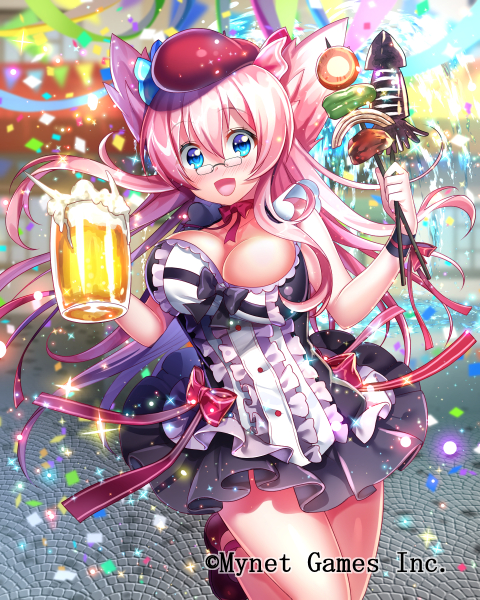 1girl :d alcohol bare_shoulders beer beer_mug black_ribbon blue_eyes bouncing_breasts breasts churrasco confetti cup dress falkyrie_no_monshou festival frilled_dress frills glasses hat large_breasts long_hair muffin_(falkyrie_no_monshou) mug official_art open_mouth pink_hair pink_headwear pink_ribbon ribbon smile