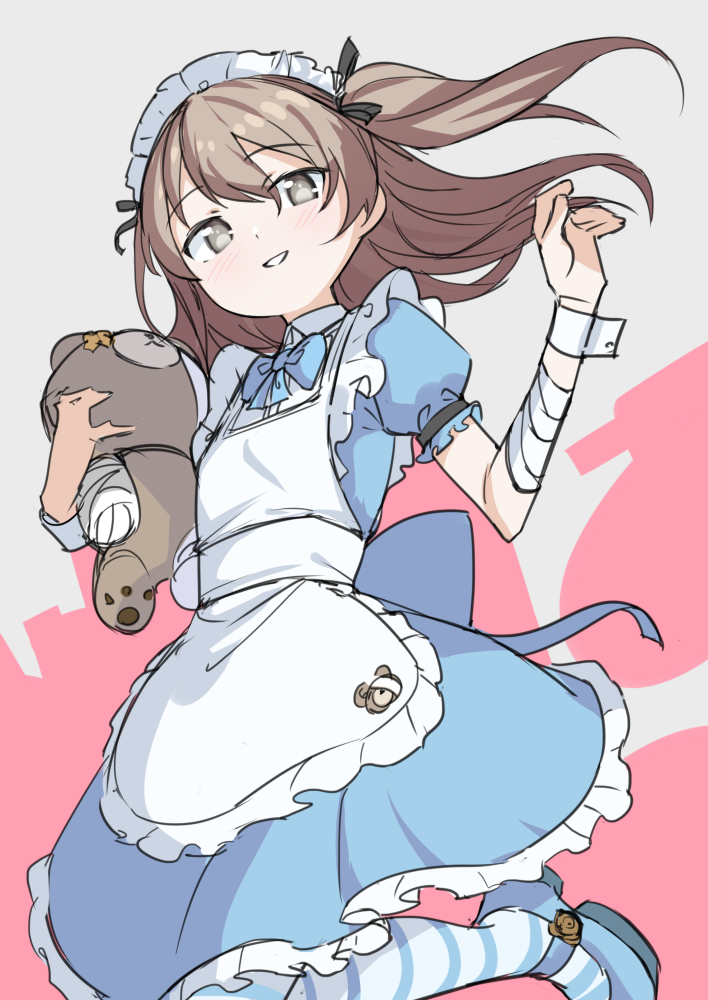 1girl :d apron bandaged_arm bandages bangs blue_bow blue_neckwear blue_skirt boko_(girls_und_panzer) bow bowtie brown_hair eyebrows_visible_through_hair frilled_apron frilled_skirt frills girls_und_panzer grey_eyes hair_between_eyes long_hair looking_at_viewer maid maid_headdress open_mouth puffy_short_sleeves puffy_sleeves saiste shimada_arisu short_sleeves simple_background sketch skirt smile solo stuffed_animal stuffed_toy teddy_bear two_side_up white_apron wrist_cuffs