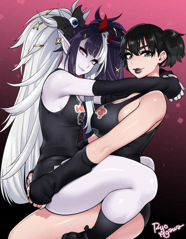1girl 2girls agawa_ryou artist_name ass black_hair black_lips draculita gradient gradient_background hooters long_hair multicolored_hair multiple_girls original purple_background short_hair signature solo thick_thighs thighs twintails very_long_hair virtual_youtuber