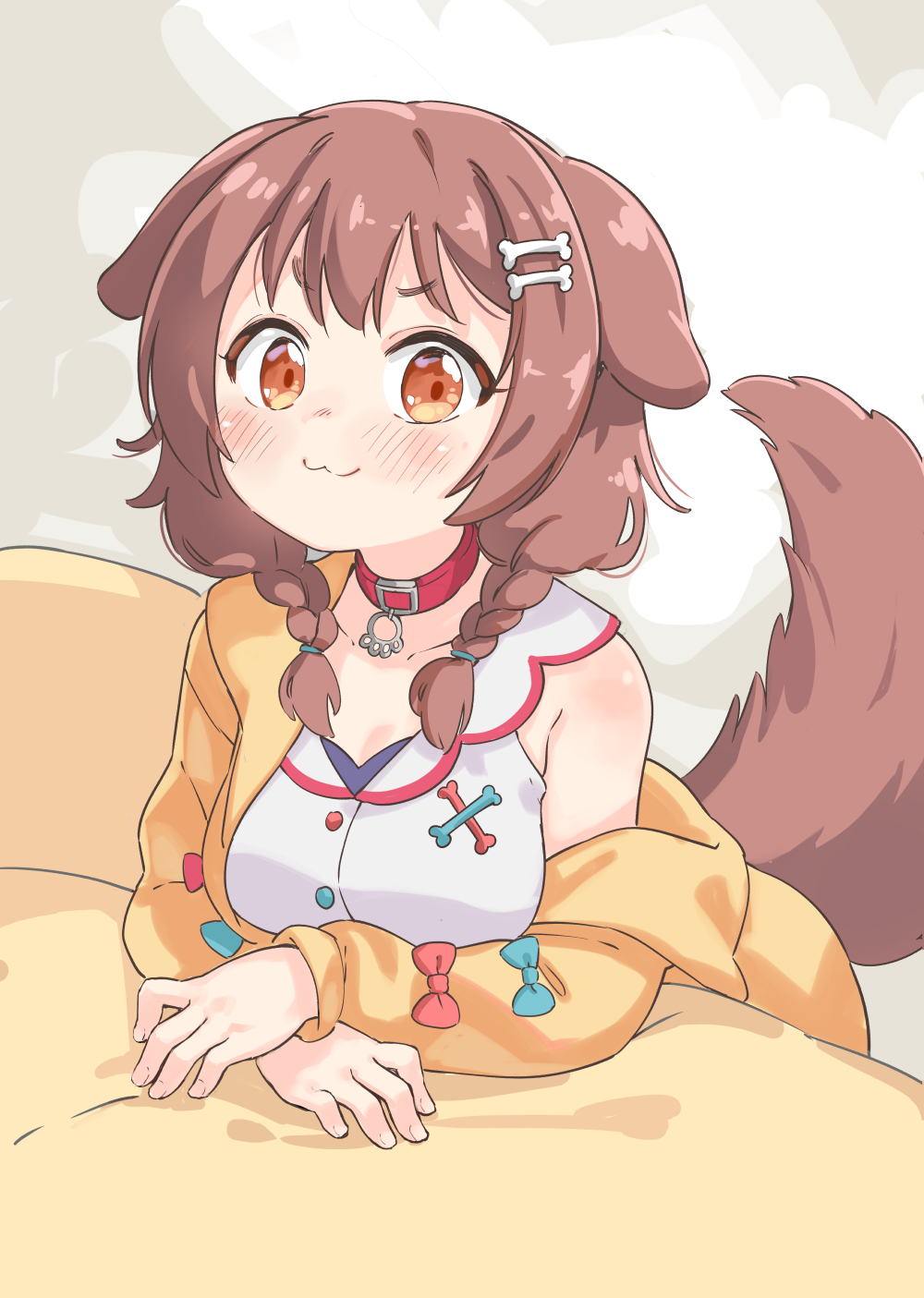 1girl :3 animal_collar animal_ears bangs blue_bow blush bone_hair_ornament bow braid breasts brown_eyes brown_hair buttons cartoon_bone collar collarbone dog_ears dog_girl dog_tail garun_wattanawessako hair_between_eyes hair_ornament hairclip highres hololive inugami_korone jacket long_hair looking_at_viewer low_twin_braids off_shoulder red_bow solo tail twin_braids virtual_youtuber yellow_jacket