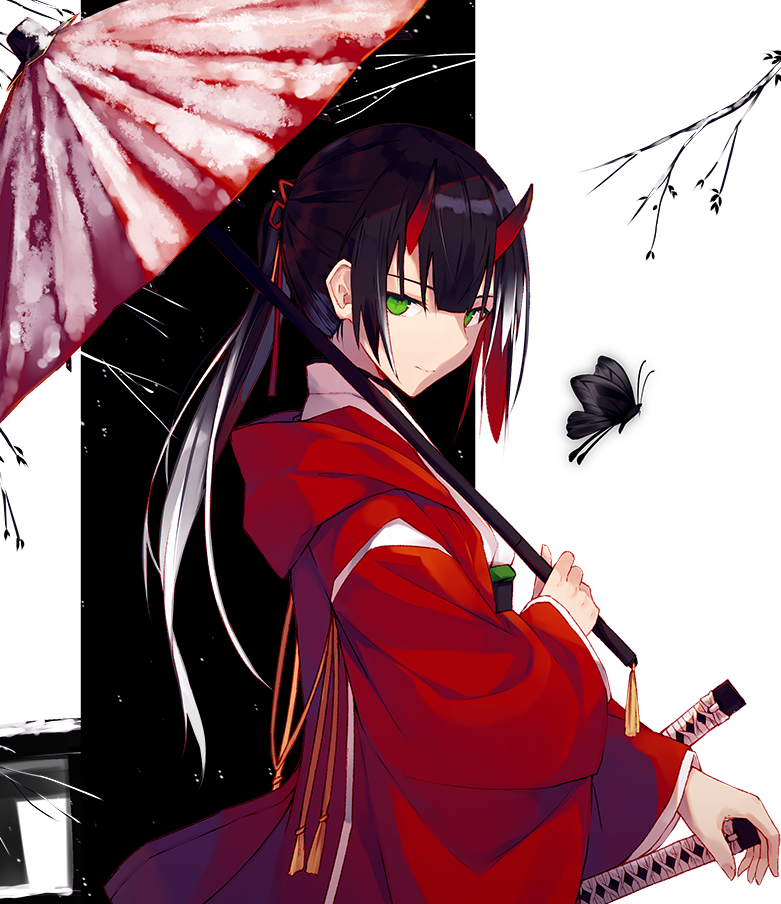 1girl black_background black_butterfly black_hair bug butterfly closed_mouth dress from_side gradient_hair green_eyes hair_ribbon horns insect katana long_hair long_sleeves looking_at_viewer multicolored_hair nagishiro_mito original ponytail red_dress red_umbrella ribbon snow solo sword twig two-tone_background umbrella upper_body weapon white_background white_hair