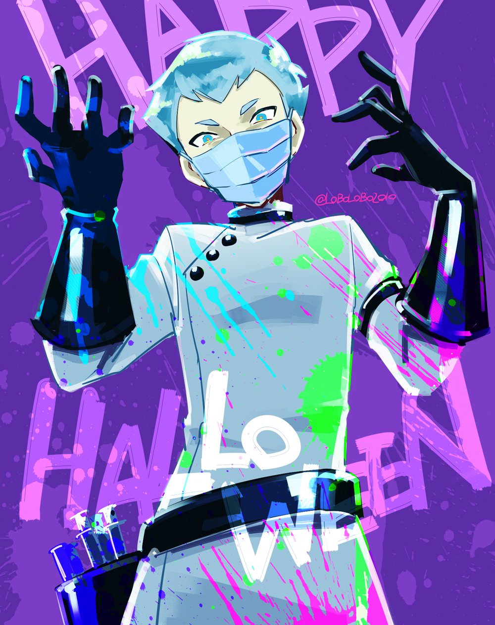 1boy alternate_costume aqua_eyes aqua_hair archer_(pokemon) bangs belt black_gloves buttons coat commentary_request from_below gloves halloween hands_up happy_halloween highres looking_at_viewer male_focus mask momoji_(lobolobo2010) mouth_mask pokemon pokemon_(game) pokemon_hgss purple_background short_hair solo twitter_username white_coat