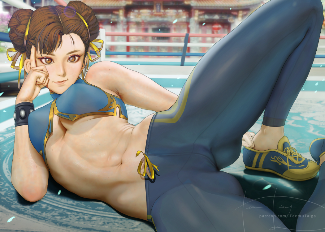 1girl abs ass_visible_through_thighs boxing_ring breasts brown_hair chun-li double_bun hair_ribbon hand_on_own_face lying medium_breasts midriff navel on_side pants ribbon shoes short_hair sneakers solo stomach street_fighter teemu_taiga thighs toned under_boob yoga_pants
