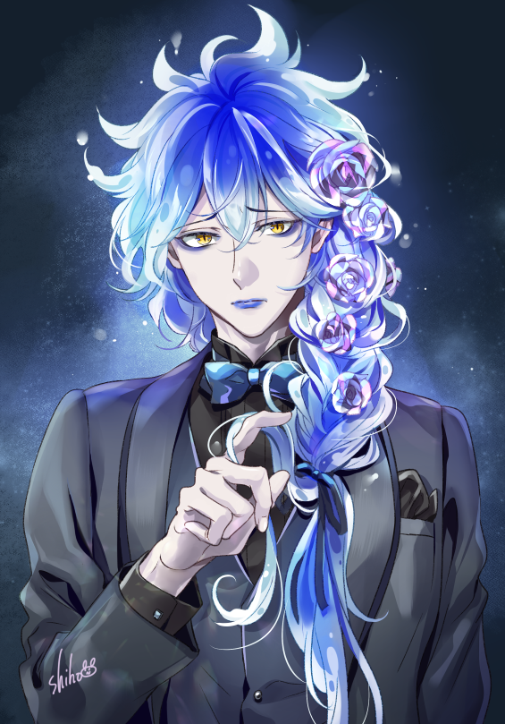 1boy alternate_costume alternate_hairstyle artist_name bangs blue_eyeshadow blue_hair blue_lips blue_neckwear bow bowtie braid eyebrows_visible_through_hair eyeshadow fiery_hair flower hair_between_eyes hair_flower hair_ornament hair_over_shoulder hair_ribbon hand_in_hair handkerchief himuka_roko idia_shroud long_hair long_sleeves looking_at_viewer makeup male_focus messy_hair pale_skin ribbon rose signature solo tuxedo twisted_wonderland vest yellow_eyes