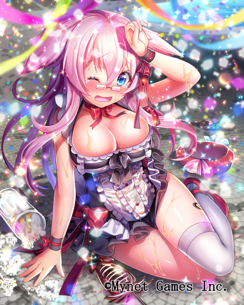 1girl :d bare_shoulders beer_mug black_ribbon blue_eyes breasts churrasco confetti crying cup dress falkyrie_no_monshou festival frilled_dress frills glasses large_breasts long_hair mismatched_legwear muffin_(falkyrie_no_monshou) mug official_art one_eye_closed open_mouth pink_hair pink_ribbon ribbon sitting smile thigh-highs wet