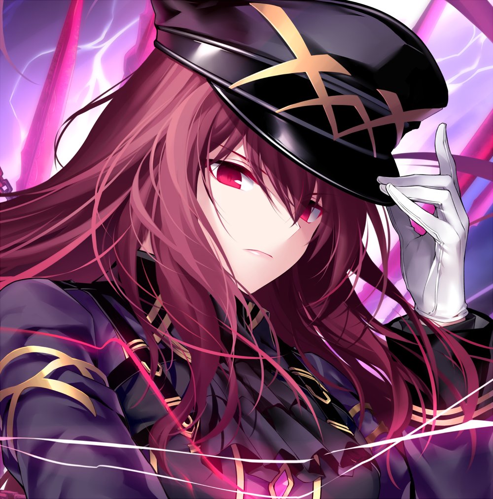 1girl ascot black_headwear black_jacket black_neckwear blurry blurry_background closed_mouth depth_of_field fate/grand_order fate_(series) floating_hair gloves hair_between_eyes hand_on_headwear hand_up hat jacket kousaki_rui long_hair long_sleeves looking_at_viewer peaked_cap pinky_out red_eyes redhead scathach_(fate) scathach_(fate)_(all) solo white_gloves