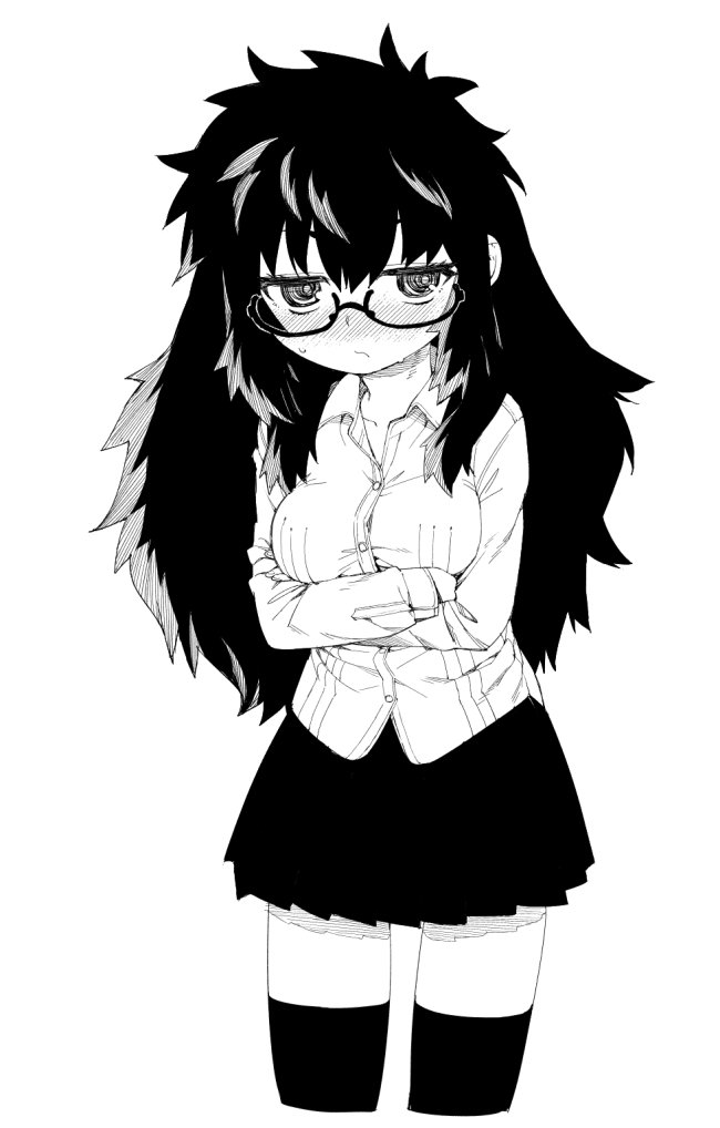 1girl akitsuki_itsuki big_hair blush closed_mouth collared_shirt cropped_legs crossed_arms embarrassed glasses greyscale long_hair looking_at_viewer miniskirt monochrome nose_blush original pleated_skirt semi-rimless_eyewear shirt simple_background skirt solo standing thigh-highs under-rim_eyewear white_background wing_collar