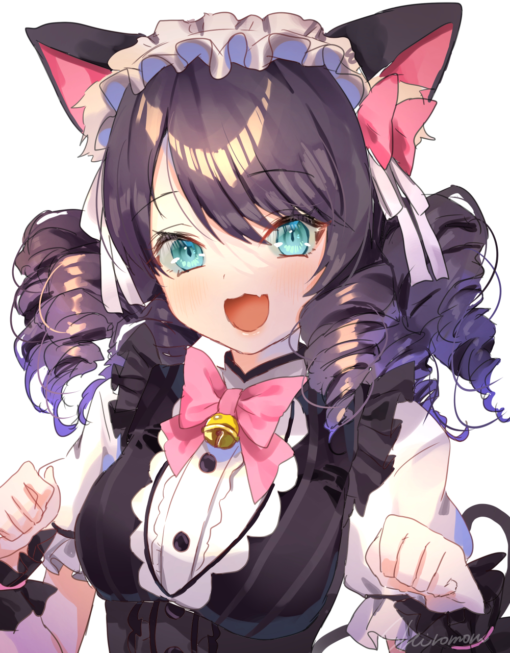 1girl :d animal_ear_fluff animal_ears bangs bell black_dress black_hair blue_eyes blush bow breasts cat_ears commentary_request cyan_(show_by_rock!!) dress drill_hair eyebrows_visible_through_hair fang hair_between_eyes hands_up highres jingle_bell medium_breasts open_mouth pink_bow puffy_short_sleeves puffy_sleeves shiromoru_(yozakura_rety) shirt short_sleeves show_by_rock!! signature simple_background sleeveless sleeveless_dress smile solo upper_body white_background white_shirt wrist_cuffs