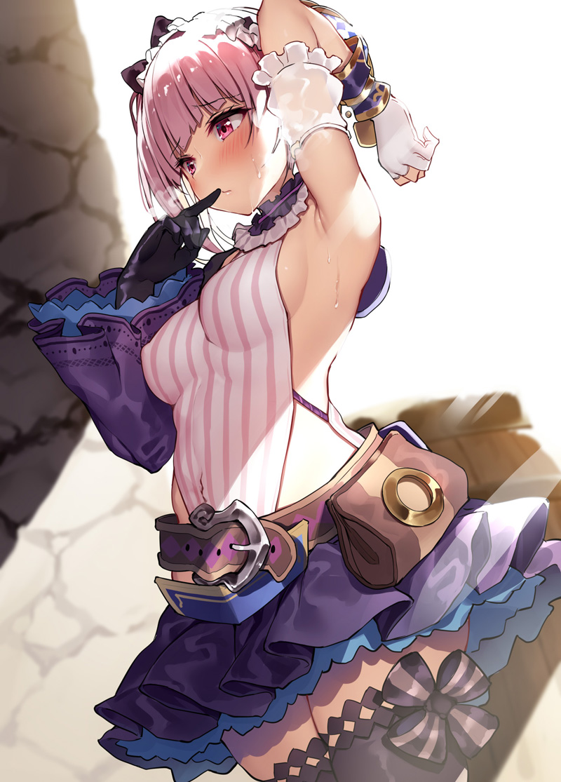 1girl armpits atelier_(series) atelier_lydie_&amp;_suelle bangs belt black_gloves black_legwear blunt_bangs blurry blurry_background blush bow breasts brown_belt closed_mouth cowboy_shot depth_of_field detached_sleeves embarrassed exe_(xe) eyebrows_visible_through_hair finger_to_mouth fingerless_gloves gloves hairband hand_up index_finger_raised leotard lydie_marlen medium_breasts medium_hair miniskirt mismatched_gloves partially_fingerless_gloves pink_eyes pink_hair pink_leotard pouch presenting_armpit purple_skirt sideboob single_detached_sleeve single_fingerless_glove skirt solo standing striped_leotard sweat thigh-highs wide_sleeves zettai_ryouiki