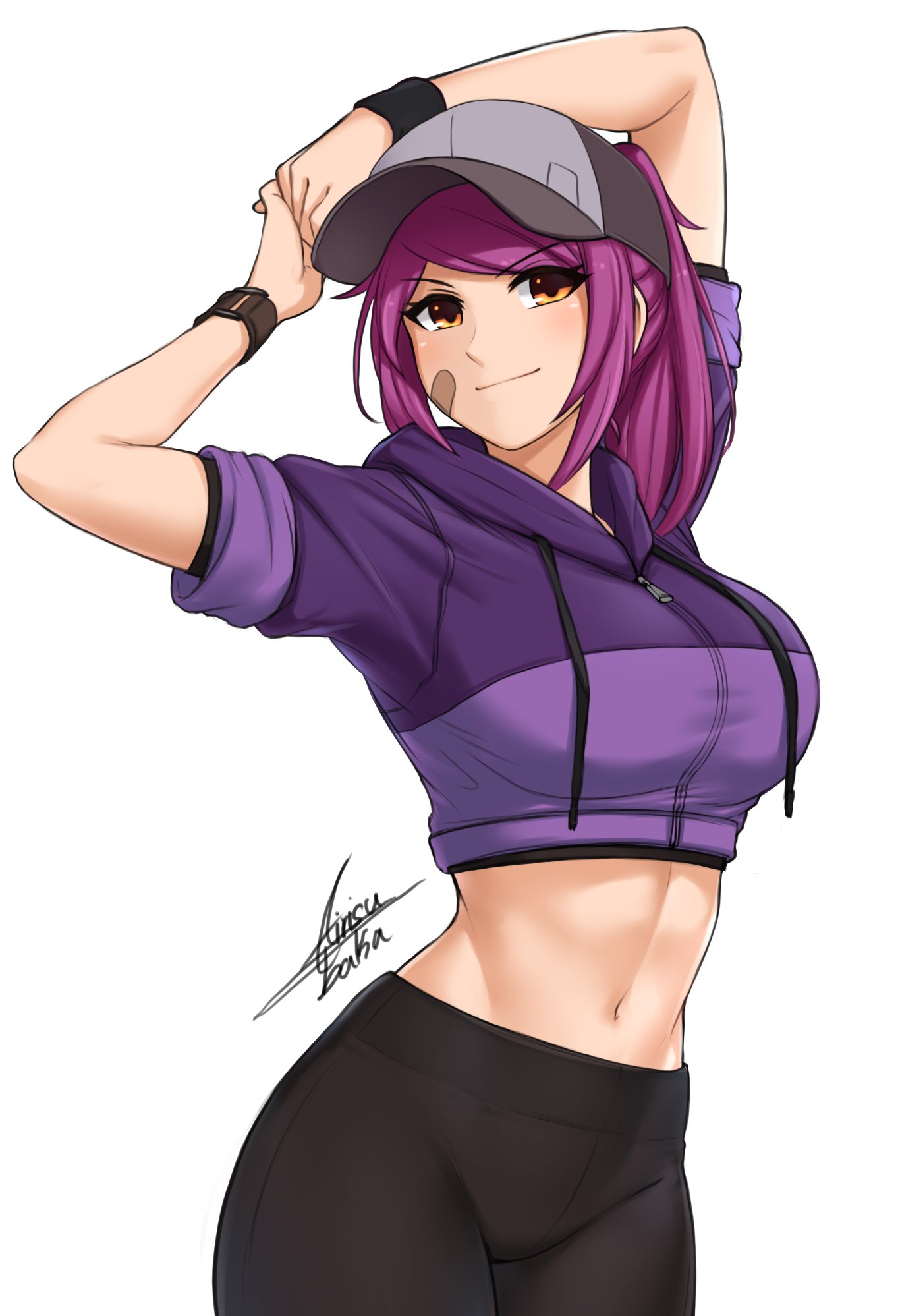 1girl airisubaka arms_up artist_name bandaid bandaid_on_face baseball_cap black_pants breasts brown_eyes commentary cowboy_shot crop_top cropped_hoodie drawstring english_commentary eyebrows_visible_through_hair groin hat highres hood hood_down hoodie large_breasts leah_(airisubaka) looking_at_viewer midriff navel original pants ponytail purple_hair purple_hoodie simple_background sleeves_rolled_up smile solo twitter_username white_background wristband