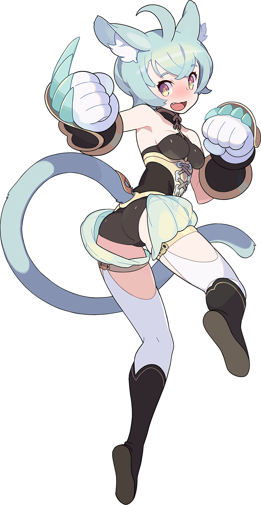 1girl :3 ahoge animal_ear_fluff animal_ears aqua_hair aqua_shorts artist_request ass bangs bare_shoulders black_footwear black_leotard blush bob_cut boots breasts cat_ears cat_girl cat_tail claw_(weapon) clenched_hands corset crossed_bangs crotchless eyebrows_visible_through_hair fang from_behind full_body gauntlets gloves halterneck hands_up happy highres jumping knee_boots leg_up leotard looking_back miu_(world_flipper) non-web_source nose_blush official_art open_mouth puffy_shorts shiny shiny_clothes shiny_hair short_hair short_shorts shorts sidelocks skindentation small_breasts smile solo tail tail_through_clothes thigh-highs transparent_background twisted_torso weapon white_gloves white_legwear world_flipper yellow_eyes