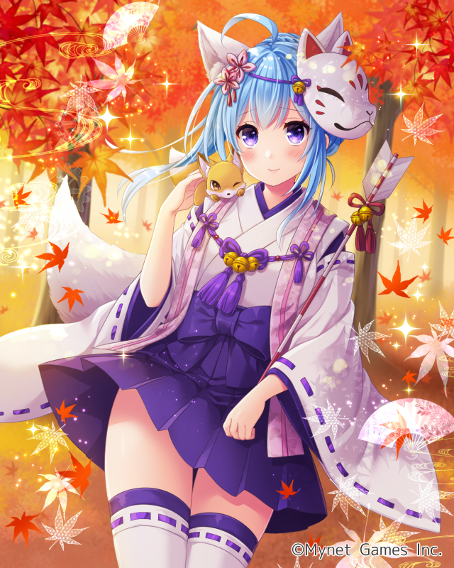 1girl animal_ears arrow_(projectile) blue_hair breasts falkyrie_no_monshou flower forest fox fox_ears fox_girl fox_mask fox_tail frilled_skirt frills hair_flower hair_ornament japanese_clothes leaf looking_at_viewer maple_leaf maple_tree mask medium_breasts nature official_art parfait_(falkyrie_no_monshou) skirt stardrop tail thigh-highs tree violet_eyes