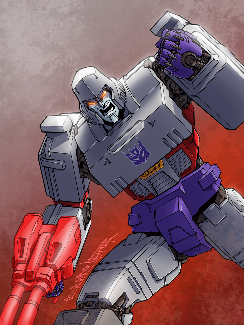 1boy alex_milne clenched_hand commission decepticon glowing glowing_eyes gun highres holding holding_gun holding_weapon insignia mecha megatron no_humans open_mouth orange_eyes science_fiction signature solo transformers weapon