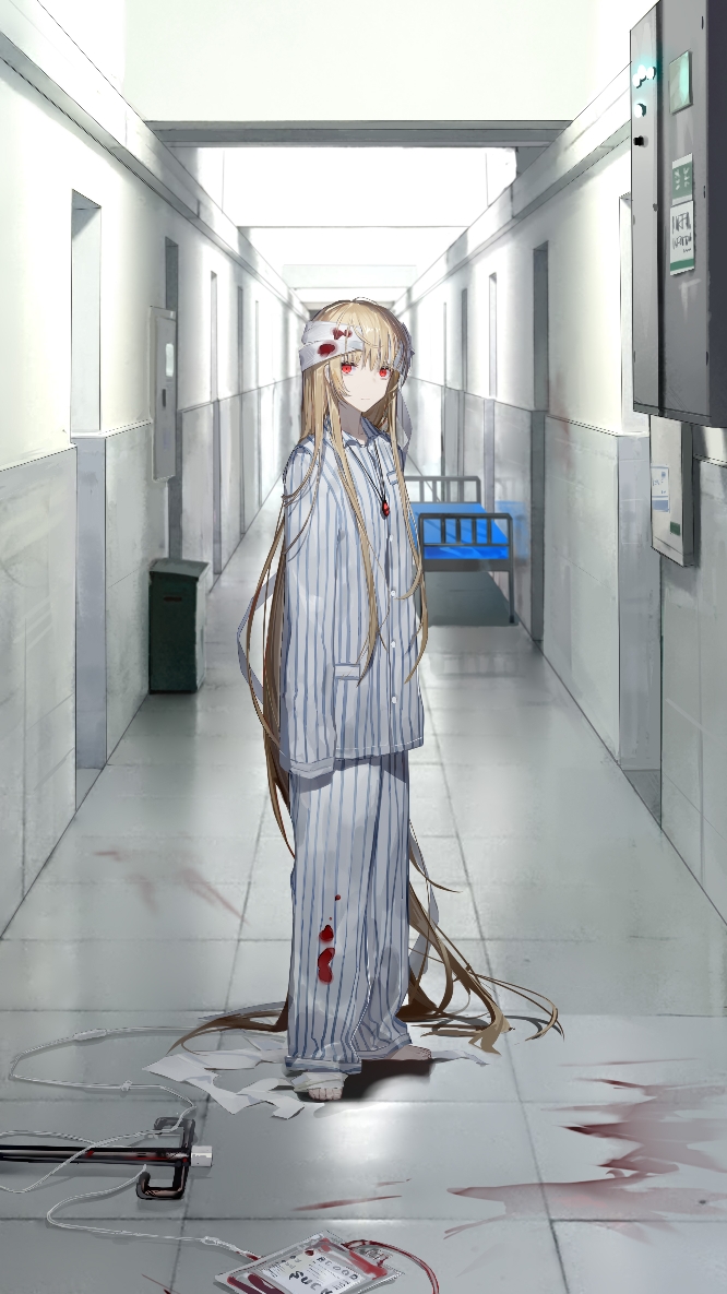 1girl absurdly_long_hair arms_at_sides bandaged_head bandages bangs barefoot bed blonde_hair blood blood_bag blood_splatter blood_stain bloody_clothes closed_mouth collared_shirt commentary full_body hallway hospital_bed intravenous_drip jewelry long_hair long_sleeves looking_at_viewer original pajamas pants pendant red_eyes shirt shui_ran_moon sidelocks solo standing striped striped_pants striped_shirt very_long_hair very_long_sleeves