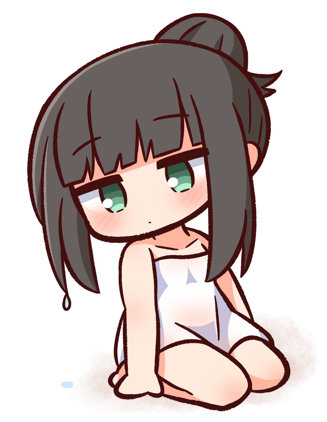 1girl bangs bare_arms bare_shoulders barefoot black_hair blush chibi closed_mouth collarbone commentary_request eyebrows_visible_through_hair full_body green_eyes hair_bun hana_kazari highres long_hair looking_at_viewer naked_towel original seiza sidelocks sitting solo towel wet wet_hair white_background