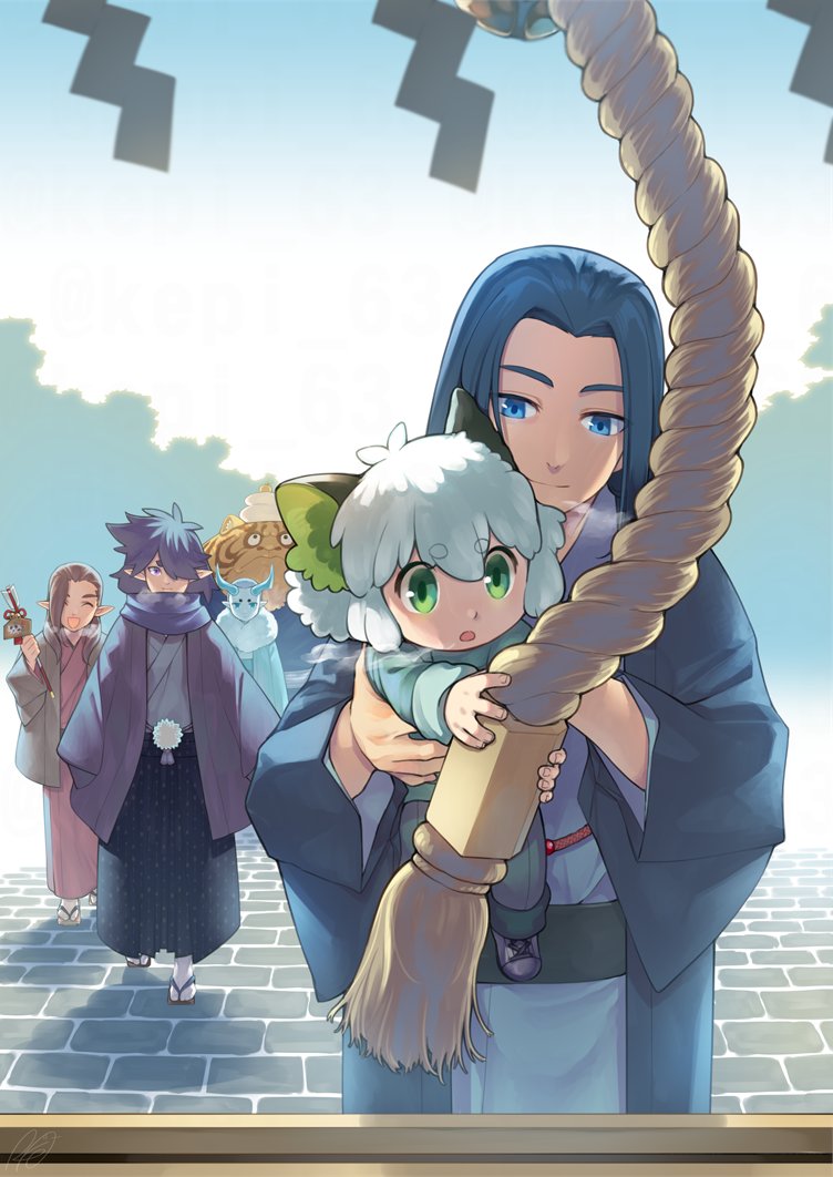 6+boys aqua_hair blue_eyes blue_hair brown_hair closed_eyes fengxi_(the_legend_of_luoxiaohei) green_eyes hair_over_one_eye holding horns long_sleeves luoxiaohei luozhu_(the_legend_of_luoxiaohei) multiple_boys open_mouth outdoors pointy_ears purple_hair rkp rope sandals shadow smile the_legend_of_luo_xiaohei tianhu_(the_legend_of_luoxiaohei) upper_body white_hair wuxian_(the_legend_of_luoxiaohei) xuhuai_(the_legend_of_luoxiaohei)