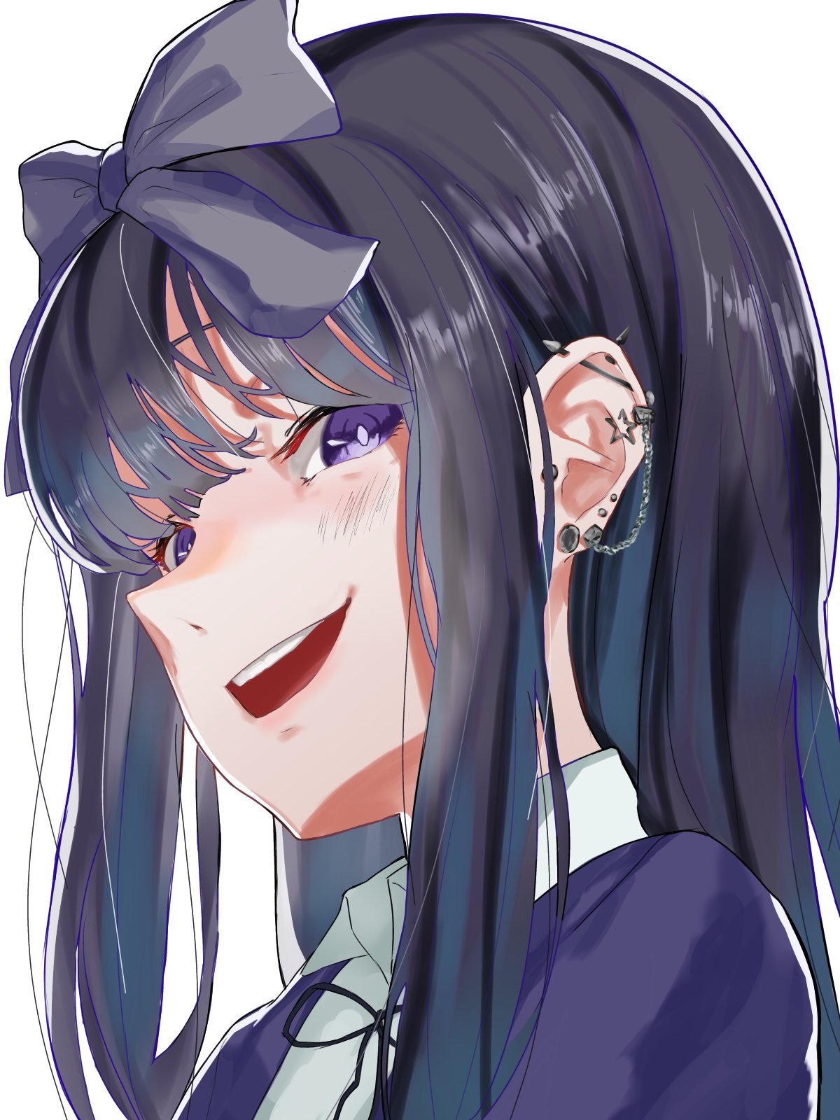 1girl bangs black_hair black_neckwear black_ribbon blush bow bright_pupils collared_shirt commentary_request cookie_(touhou) ear_piercing grey_bow hair_bow highres jacket johnnyyyyy long_hair looking_at_viewer looking_to_the_side open_mouth piercing purple_jacket ribbon shirt shunga_youkyu simple_background solo star_(symbol) star_sapphire touhou upper_body violet_eyes white_background white_pupils white_shirt