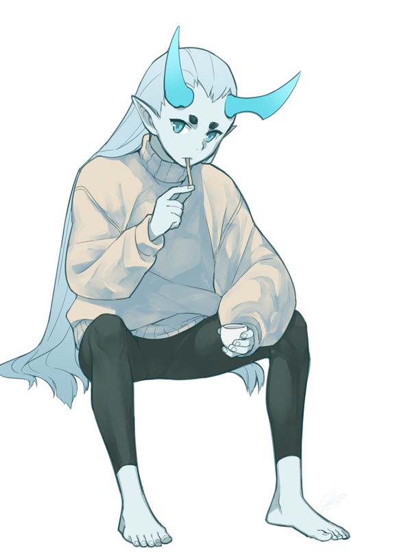 1boy aqua_eyes aqua_hair aqua_horns barefoot black_pants grey_sweater hand_up holding horns invisible_chair long_hair long_sleeves pants pointy_ears rkp simple_background sitting solo sweater the_legend_of_luo_xiaohei very_long_hair white_background xuhuai_(the_legend_of_luoxiaohei)
