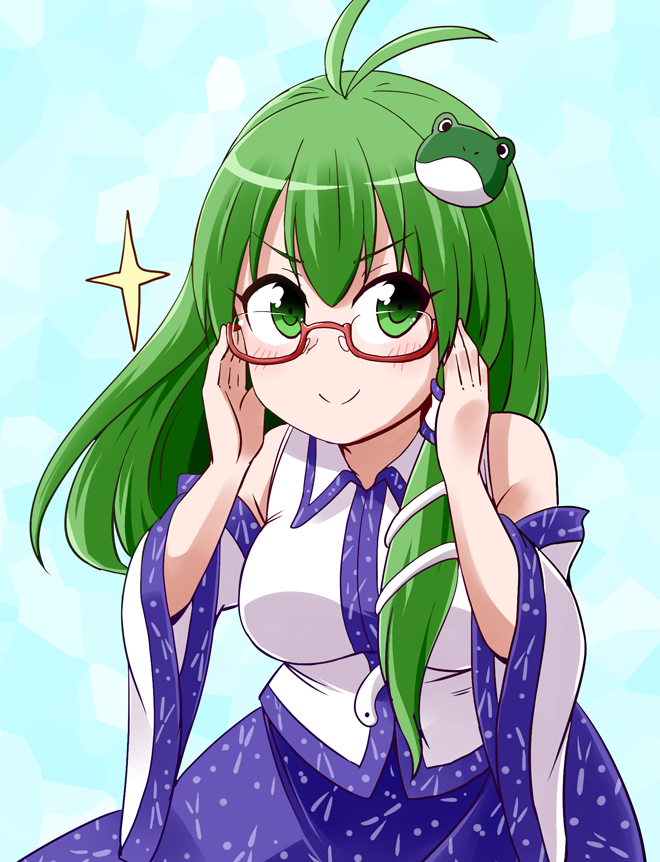 1girl ahoge bare_shoulders bespectacled blue_shirt blue_skirt blush breasts closed_mouth collared_shirt commentary_request cowboy_shot detached_sleeves dress_shirt emphasis_lines eyebrows_visible_through_hair frog_hair_ornament glasses green_eyes green_hair hair_between_eyes hair_ornament hair_tubes holding holding_eyewear kochiya_sanae kousei_(public_planet) large_breasts long_hair long_skirt looking_at_viewer red-framed_eyewear semi-rimless_eyewear shiny shiny_hair shirt simple_background skirt sleeveless sleeveless_shirt smile snake_hair_ornament solo touhou two-tone_shirt under-rim_eyewear white_shirt