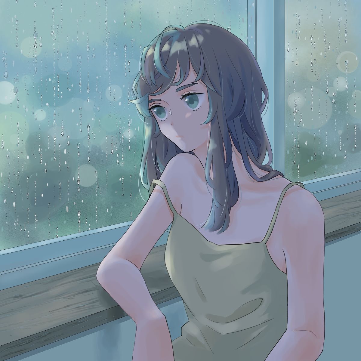 1girl :| bangs bare_shoulders brown_hair camisole closed_mouth green_eyes halle_1320 highres indoors long_hair original rain sitting sleeveless solo spaghetti_strap strap_slip water_drop