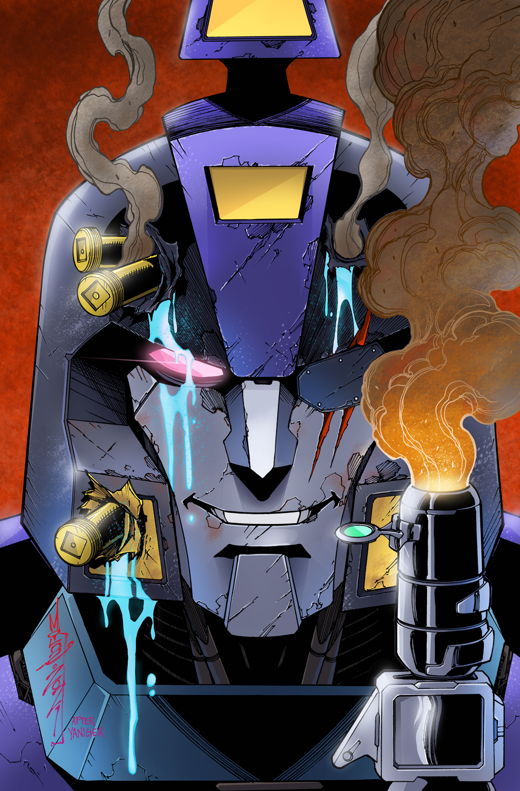 1boy alex_milne blurr bullet comic_cover derivative_work energon english_commentary glowing glowing_eye gun head_only highres looking_at_viewer mecha official_art one_eye_covered pink_eyes scar scar_across_eye science_fiction smile smoke smoking_gun solo the_transformers_(idw) transformers transformers_shattered_glass weapon