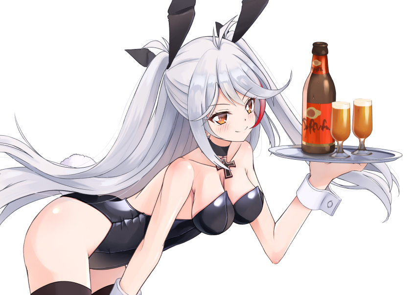 1girl alcohol animal_ears azur_lane beer black_legwear black_leotard bottle breasts bunny_tail choker commentary_request cowboy_shot glass iron_cross leotard long_hair medium_breasts orange_eyes playboy_bunny prinz_eugen_(azur_lane) rabbit_ears retumihari silver_hair simple_background smile solo strapless strapless_leotard tail thigh-highs tray two_side_up white_background wrist_cuffs