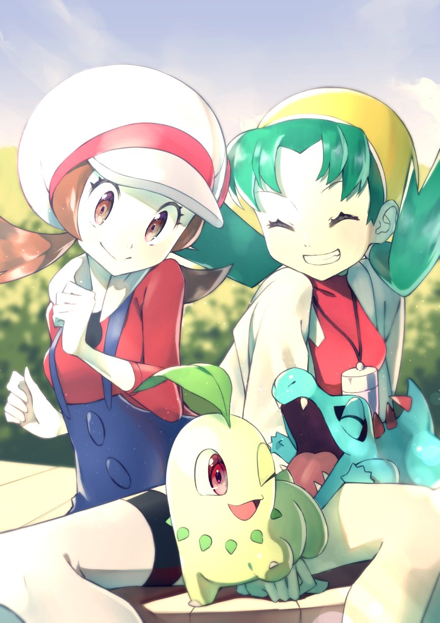 2girls bangs breasts brown_eyes brown_hair chikorita clenched_hands closed_eyes closed_mouth commentary_request cropped_jacket eyelashes gen_2_pokemon green_hair grin hat hat_ribbon highres jacket kris_(pokemon) lyra_(pokemon) multiple_girls overalls parted_bangs pokegear pokemon pokemon_(creature) pokemon_(game) pokemon_gsc pokemon_hgss red_shirt ribbon rindoriko shirt sitting smile starter_pokemon totodile twintails white_headwear white_jacket