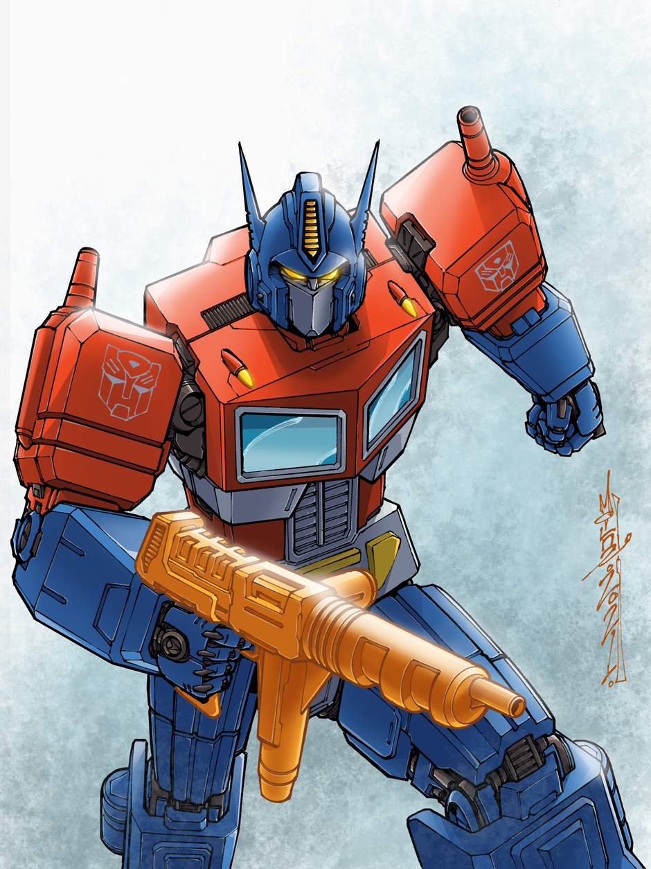 1boy alex_milne autobot clenched_hand commission glowing glowing_eyes gun highres holding holding_gun holding_weapon mecha no_humans optimus_prime orange_eyes science_fiction signature solo transformers weapon