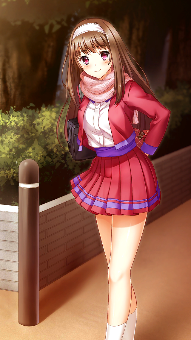 1girl arm_behind_back bag bangs box brown_eyes brown_hair closed_mouth doukyuusei_another_world dress_shirt dusk eyebrows_visible_through_hair game_cg hair_between_eyes hairband heart-shaped_box holding holding_box jacket kakyuusei kneehighs long_hair looking_at_viewer miniskirt official_art open_clothes open_jacket outdoors pink_scarf pleated_skirt purple_neckwear red_eyes red_jacket red_skirt scarf school_bag school_uniform shiny shiny_hair shirt skirt smile solo standing valentine very_long_hair white_hairband white_legwear white_shirt yuuki_mizuho
