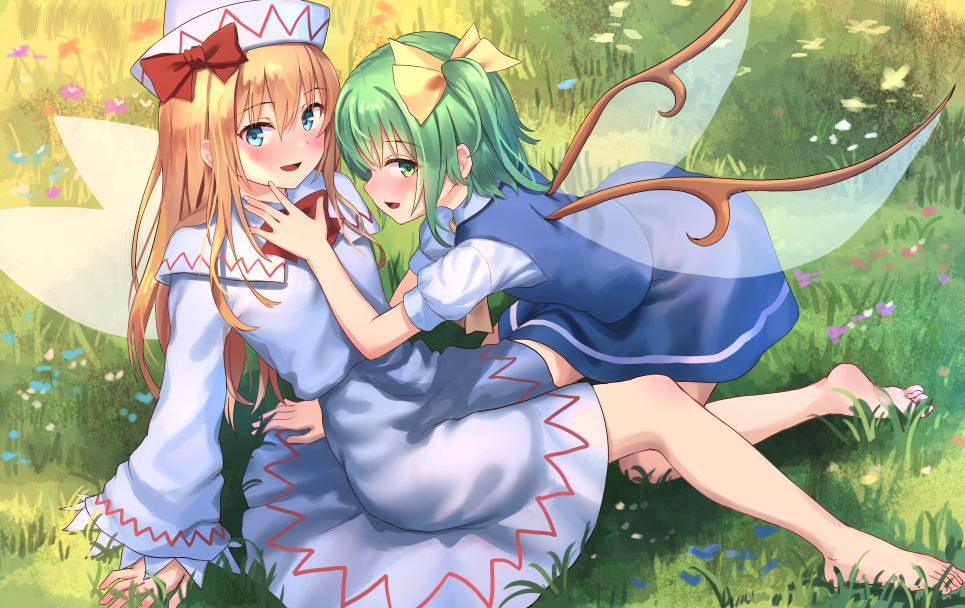 2girls bangs barefoot blue_dress blue_eyes blush bow daiyousei dress eyebrows_visible_through_hair grass green_eyes hair_between_eyes hand_on_another's_chest hat lily_white long_hair long_sleeves looking_at_viewer multiple_girls open_mouth ponytail red_bow red_neckwear roke_(taikodon) short_hair short_sleeves sitting sitting_on_ground smile touhou white_dress white_headwear white_sleeves wings yuri