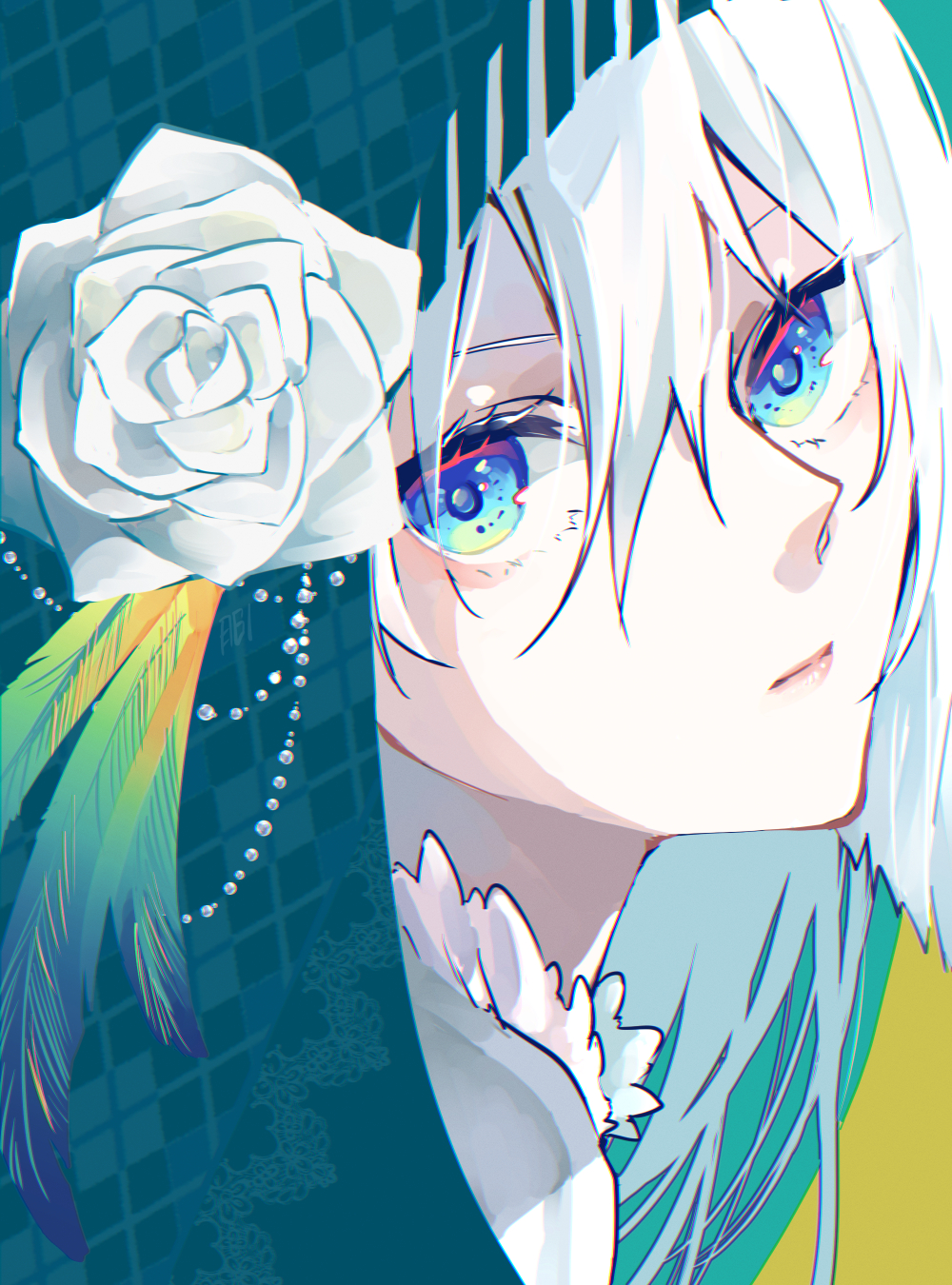 1girl blue_eyes closed_mouth feather_hair_ornament feathers flower frills hair_flower hair_ornament head_tilt highres jewelry long_hair looking_at_viewer looking_to_the_side necklace original pearl_necklace portrait rose solo white_flower white_hair white_rose yagi_(39583320)